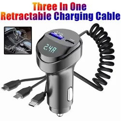 2 Ports USB Car Bluetooth Smart Phone Charger 3.1A with Voltage Display Car 3 In 1 USB Retractable Charging Cable Fast Charging