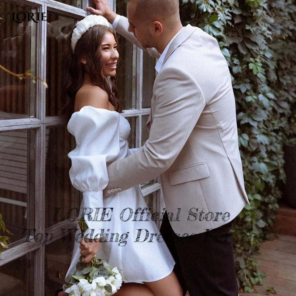 LORIE Elegant Off Shoulder Wedding Dresses A-Line Super Short Skirt Bridal Gowns Long Puff Sleeves Bride Dress robe de mariée