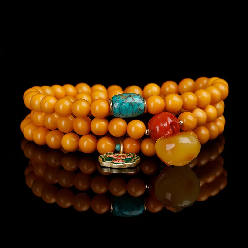 Women's Three-Circle 6mm Round Beads Old with Amber Money Bag Pendant Bracelet