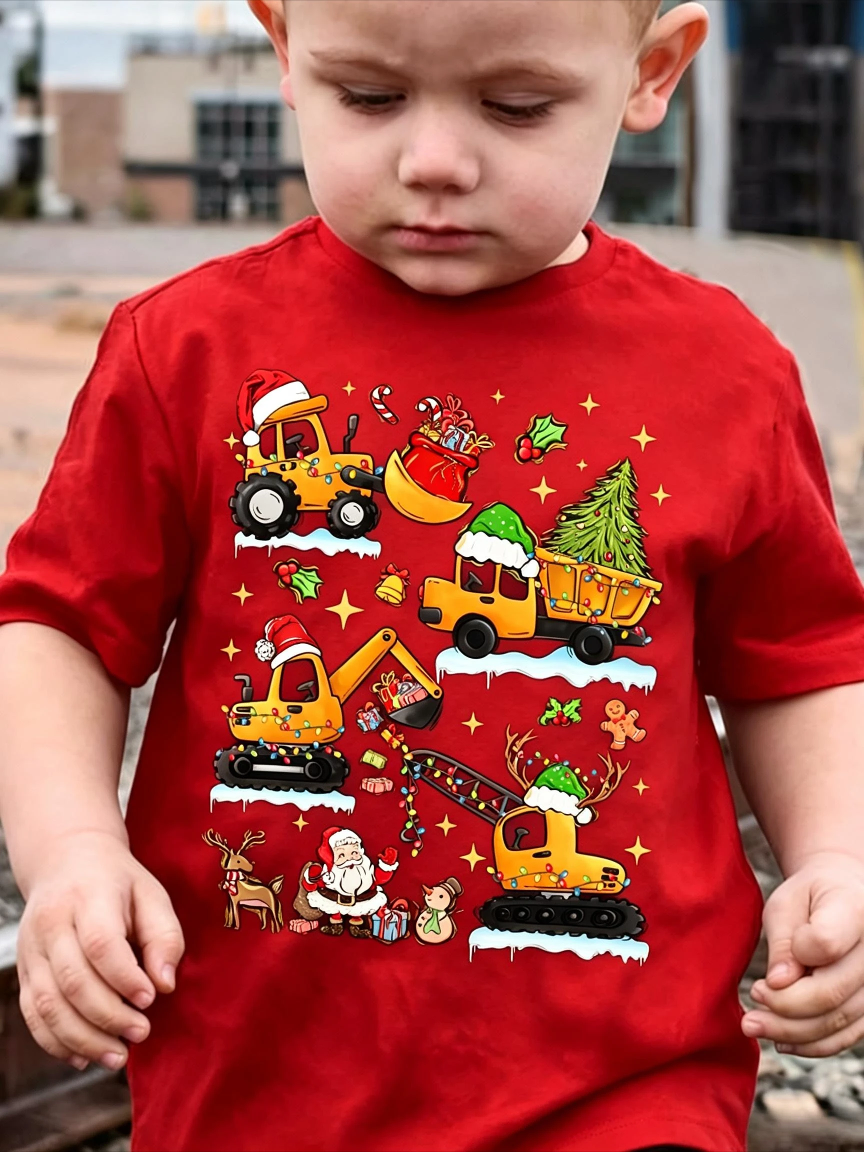 Brand Kids Summer Short Sleeve T Shirt Excavator Print With Christmas Elements Cute Casual Boys Girls Tees Holiday Gift