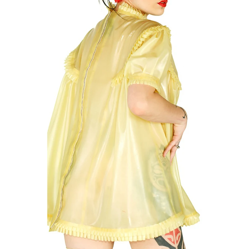 Transparent With Ruffles Sexy Latex Pajamas Zipper At Back Short Sleeves Rubber Nightgown Top YF-0343