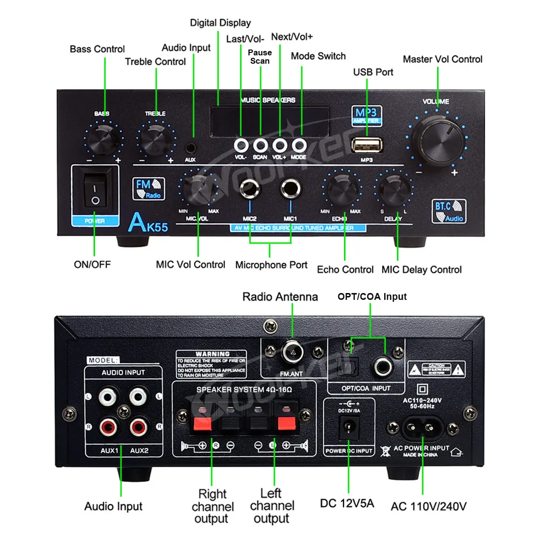 Imagem -03 - Amplificador de Potência Bluetooth 5.0 Canal 2.0 900w Hifi Aux Ram Microfone Duplo Disco u Mp3 ac 110v 240v ac Woopker-ak55