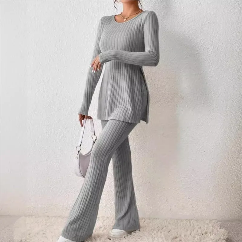 Autumn Winter Women\'s Clothing New Style Solid Color Sexy Casual Long Sleeved Round Neck Slit Fashion Temperament Two-piece Set