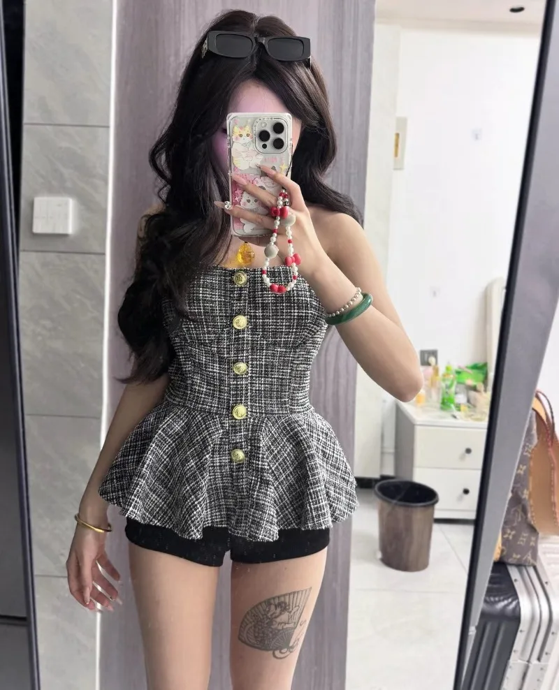 Korean Fashion Clothing Neck-mounted Chic Design Hotsweet Girl Camis Crop Top Women Backless Waist Cinched Sleeveless Tank Tops