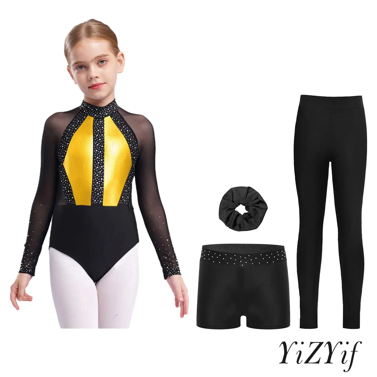 

Комплект из 4 предметов: Костюм для фигурного катания и танцев для девочек (фигурное лепестошение), цветной, с длинным рукавом, лосины, шорты и головной убор