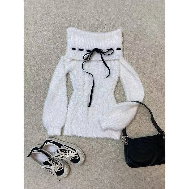 

Новый дизайн с бантом на шнуровке, корейские модные топы, женская одежда, милый вязаный свитер с открытыми плечами, женский пуловер