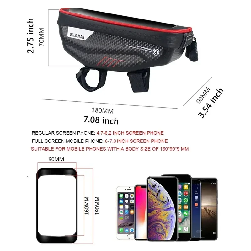 WILD MAN Bike Handlebar Bag Rainproof 5.8/7.0 Inch Phone Case Touch Screen Bicycle Bag Top Front Tube Bag Cycling Accessories