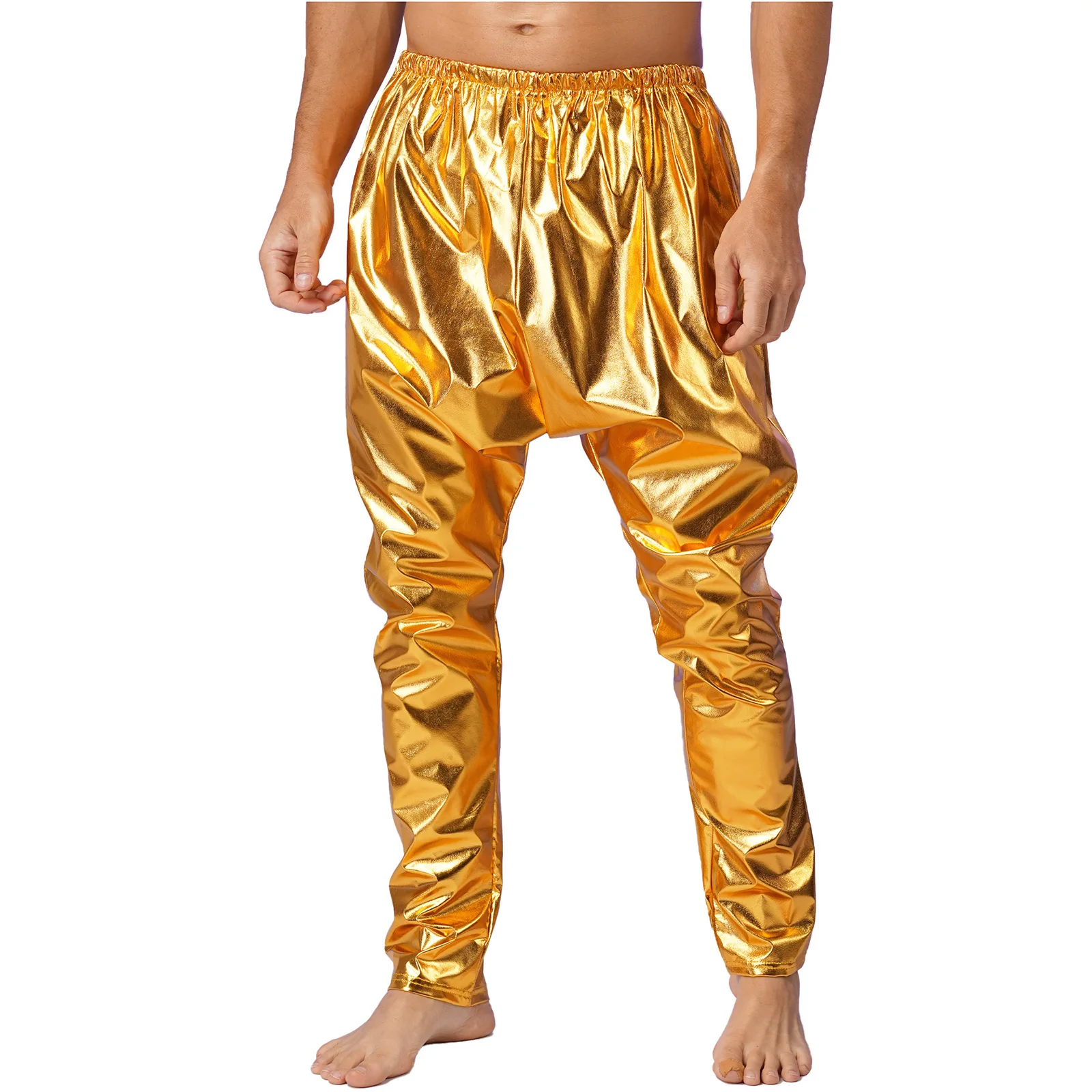 Mens Hip Hop Dancewear Metallic Shiny Long Pants Elastic Waistband Solid Lightweight Casual Harem Pants for Stage Performance