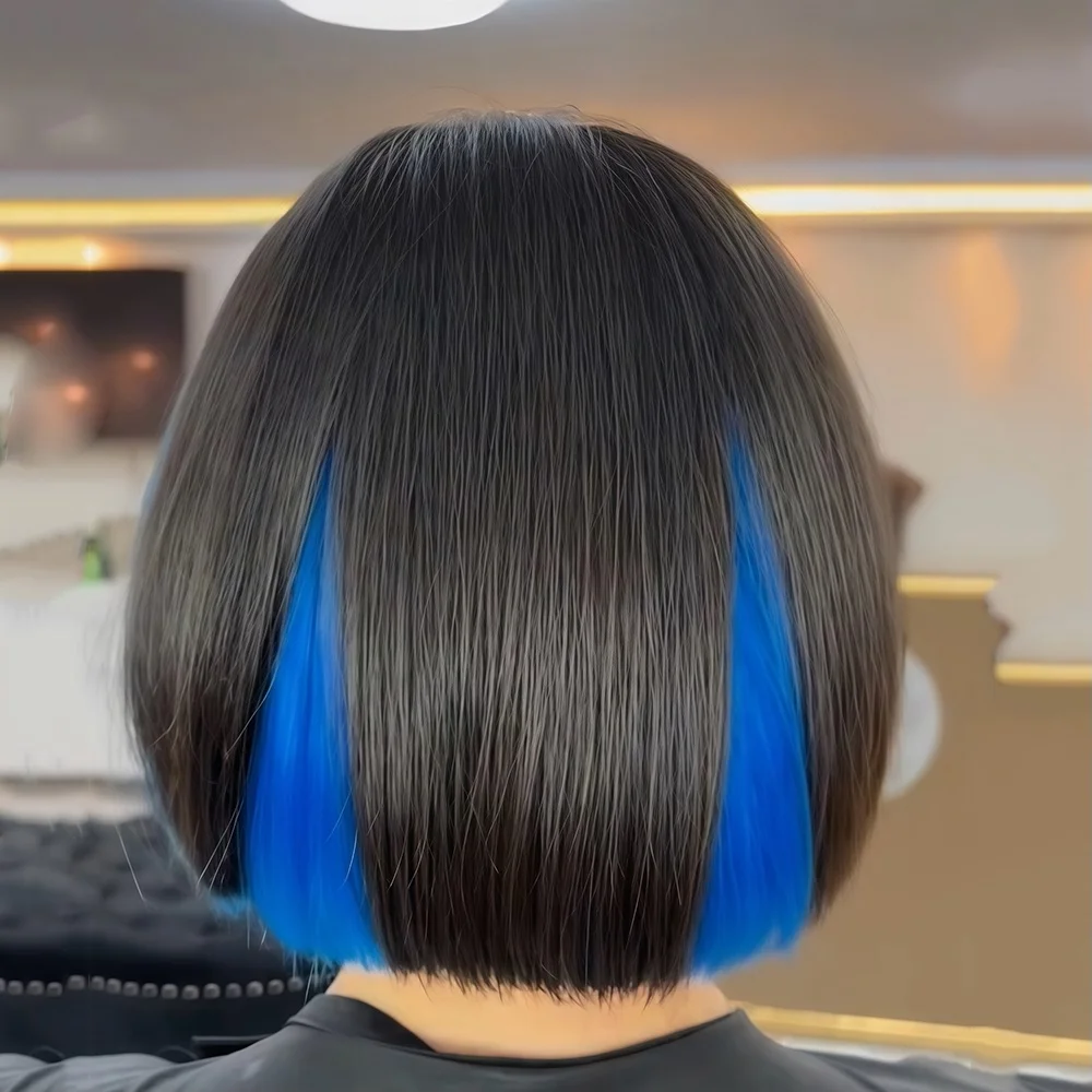 

2025 Новый синий парик, черный смешанный синий синтетический парик Боб