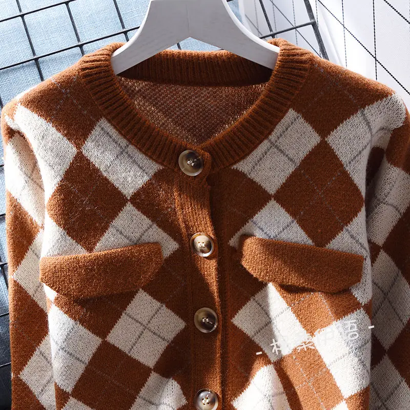 Women Vintage Classic Argyle Chic Single Breasted Outewear Knitted Cardigan Y2K Casual Round Neck Long Sleeve Loose Sweater Coat