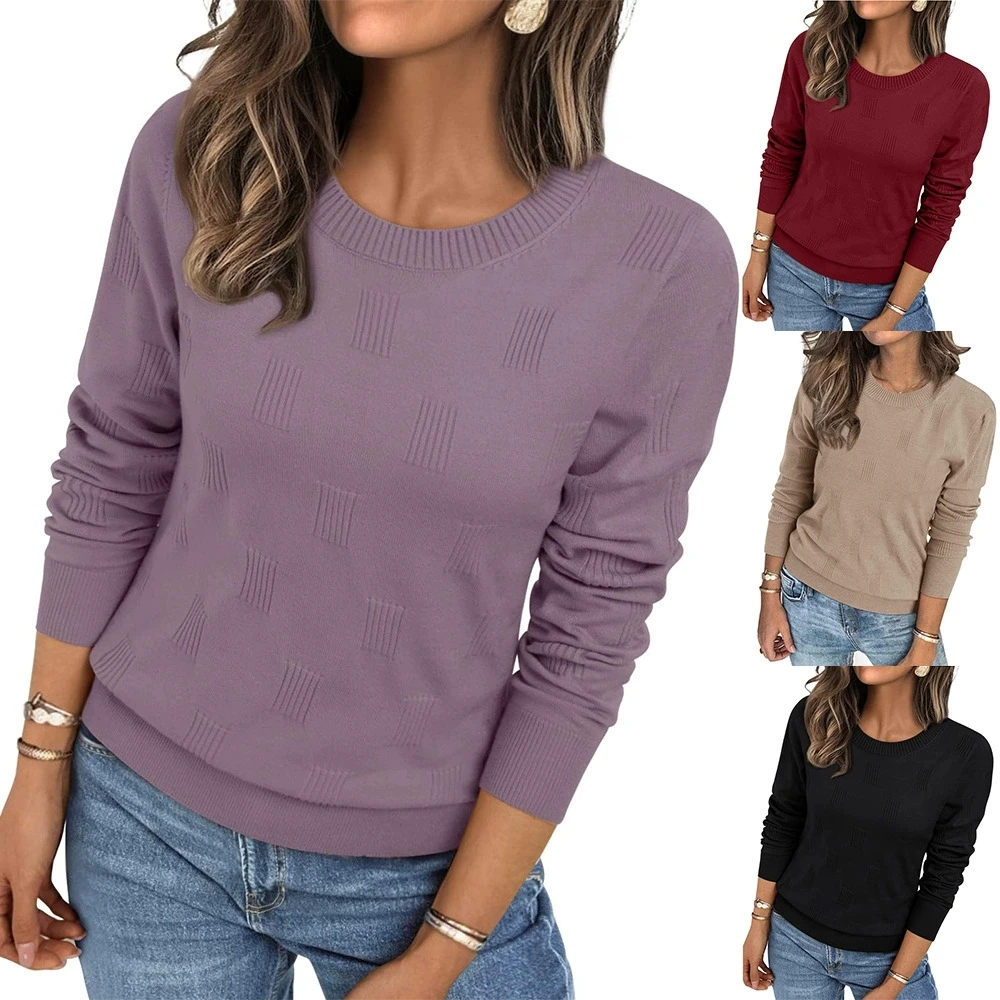 

Autumn and winter new solid color round neck pullover knitted base sweater with scratch marks long sleeved sweater tops
