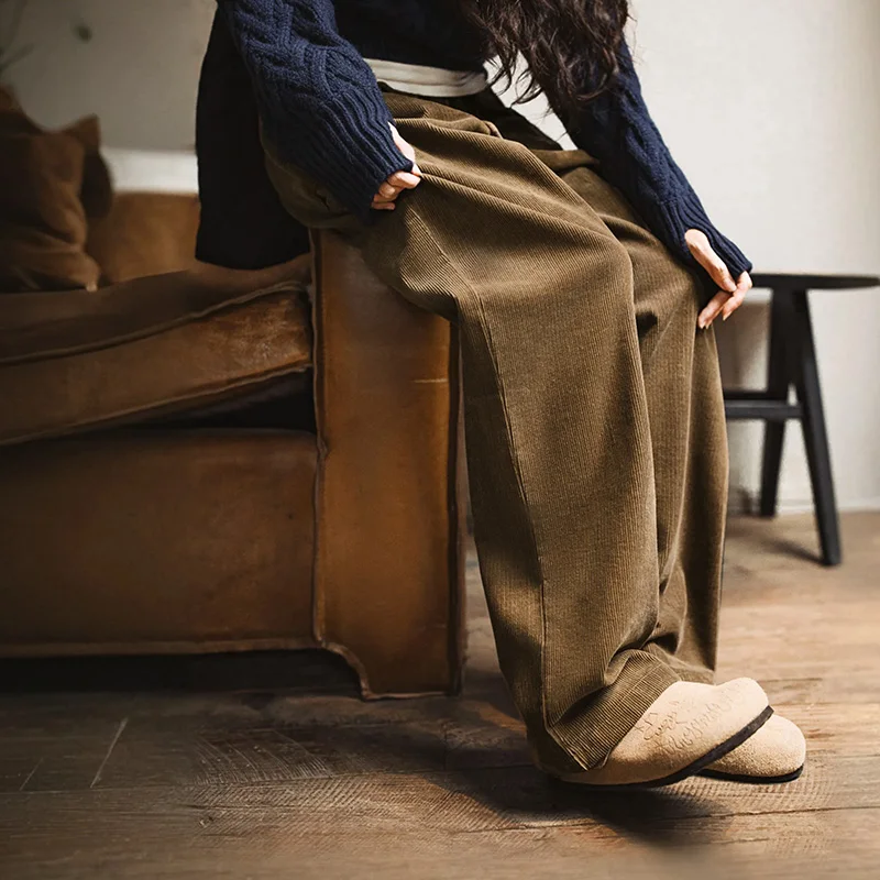 Maden Vintage Corduroy Casual Pants Khaki Straight Elastic Waist Wide-Leg Pants for Women's Autumn Versatile  Commute Trousers