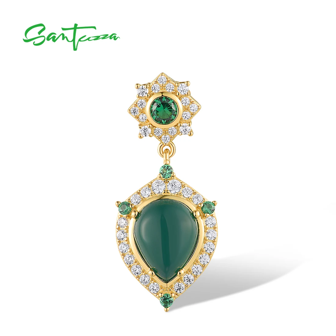 SANTUZZA Genuine 925 Sterling Silver Pendant for Women White CZ Dyed Green Agate Delicate Wedding Gifts Fantastic Fine Jewelry