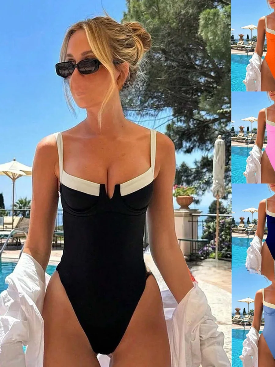 

Sexy Jumpsuit Bikini Women's One-Piece Swimsuit 2025 New Arrival Polyester Fabric Fixed Chest Pad No Sve Pure Color