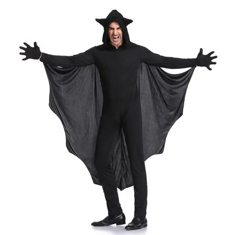 Man Black Bat Vampire Costume Cosplay for Men Hooded Jumpsuit Fantasia Halloween Carnival Dress