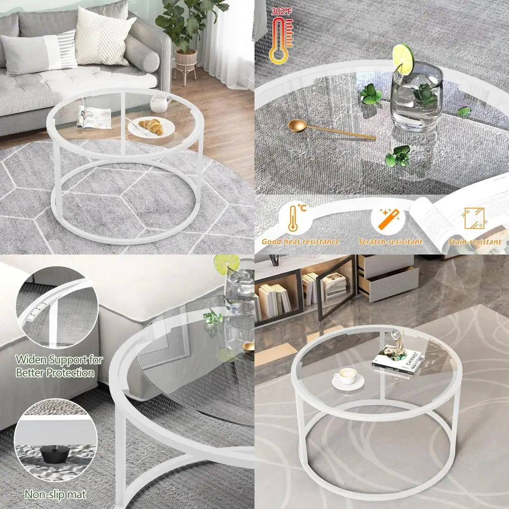 

Modern Minimalist White Coffee Table with Metal Frame, Suitable for Small Living Spaces, Easy to Assemble, 27x27 Inches