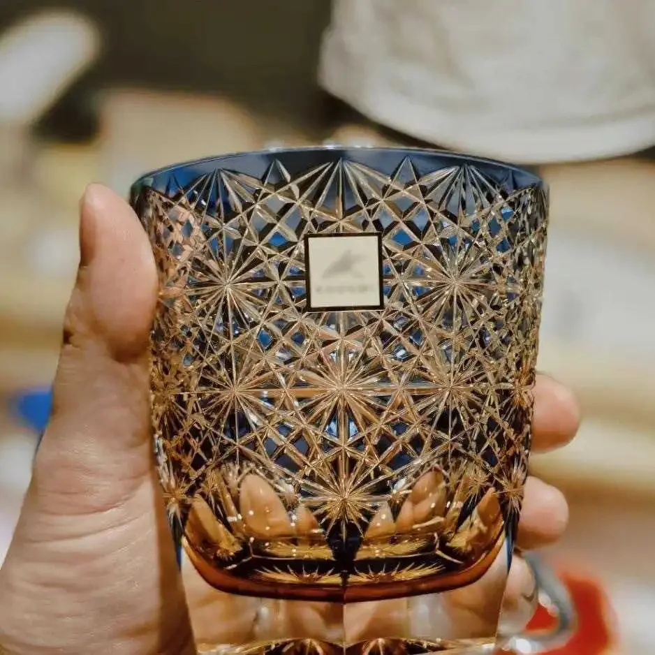 Edo Cut off Blue Daisy Cup Handmade Sake Cup High Borosilicate Glass Whiskey Cup High Beauty