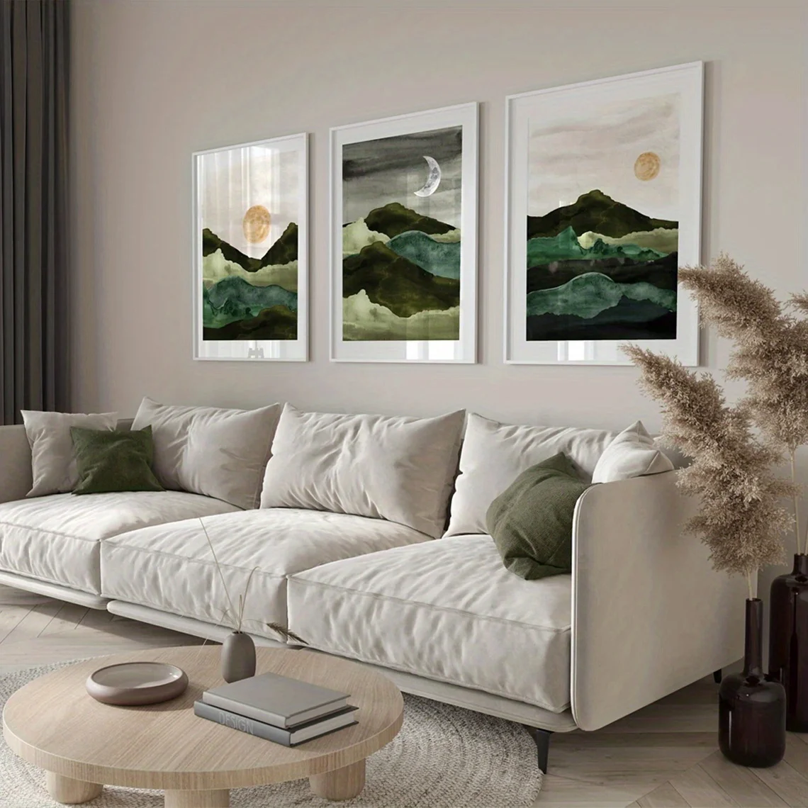 3PCS Large-sized frameless canvas paintings,3pcs Set, Wall Painting, Vintage Poster, Green Valley Landscape Wall Painting, Sun A