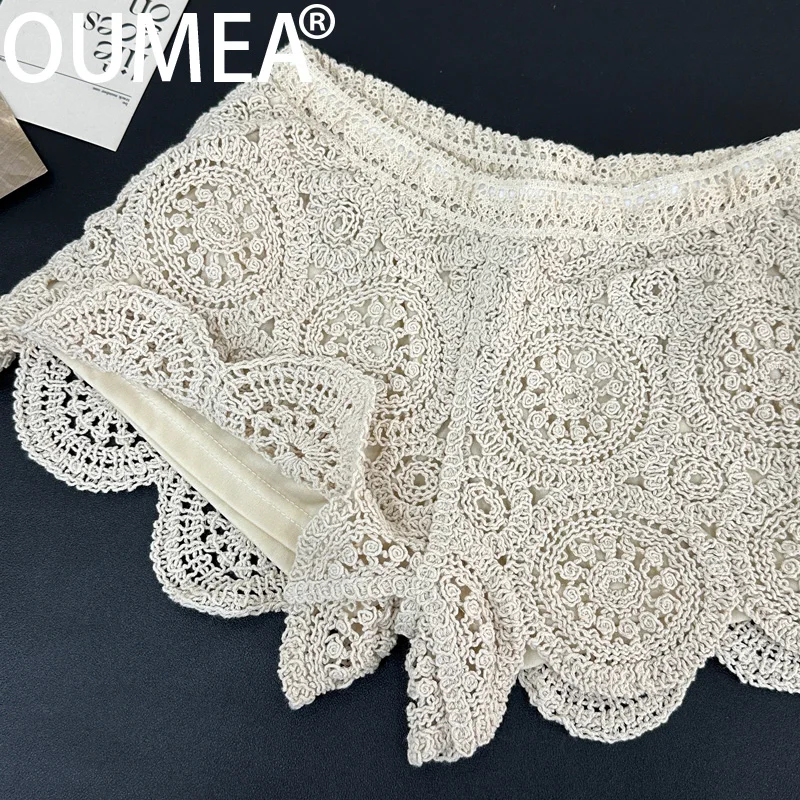 OUMEA Women Cotton Crochet Two Pieces Sets Beach Styles Tank Tops Elastic Shorts Slim Fit Casual Sets For Holiday