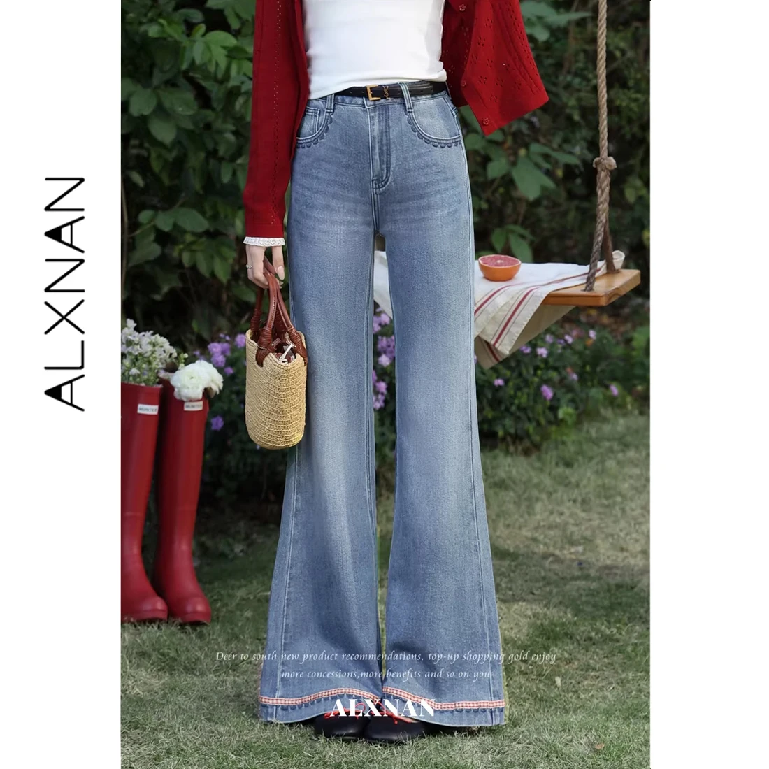 ALXNAN Blue Flared Jeans 2026 Summer Casual Long Denim Pants Women Vintage Cotton Elegant High Waist Baggy Pants Female L61803-3