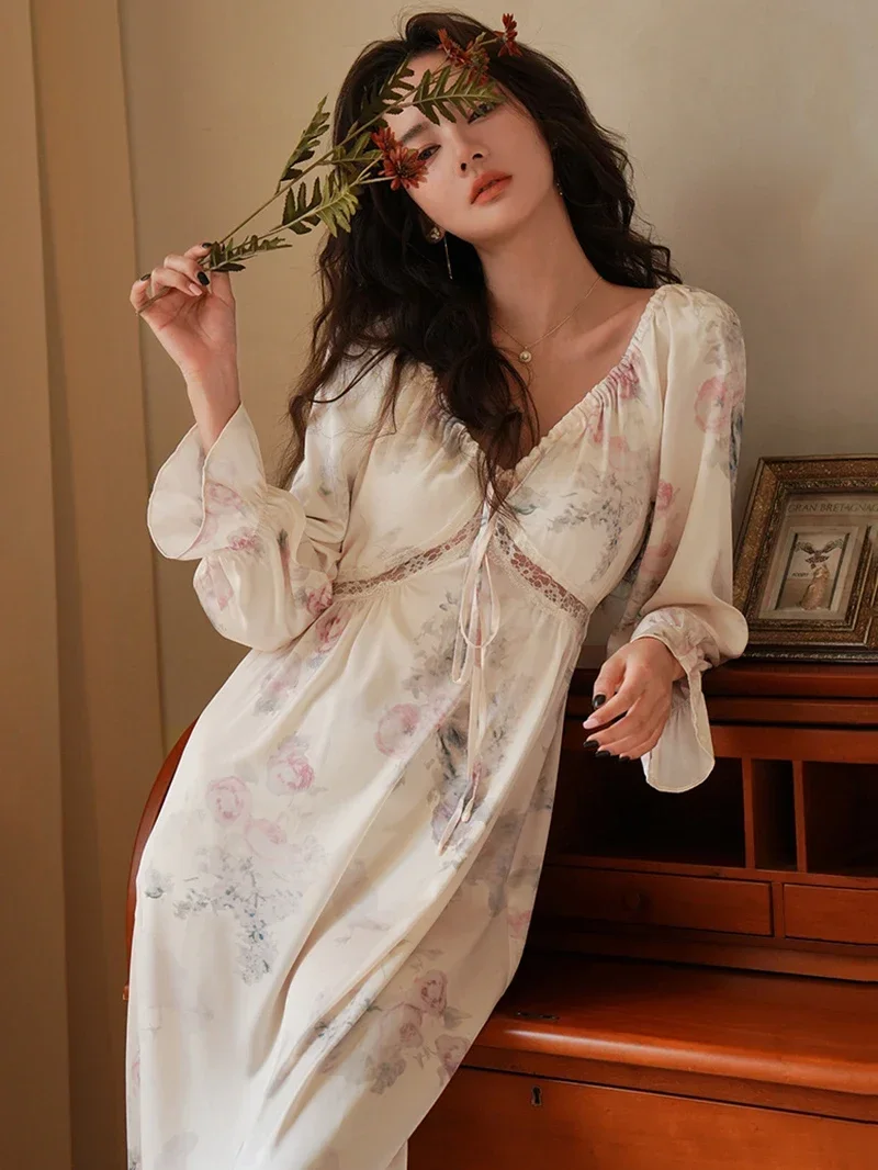 Women Spring Long Flare Sleeve Silk Pajama Dress Print V-neck Lace-up Fairy Backless Princess Sleepwear Nightgowns Home Clothes