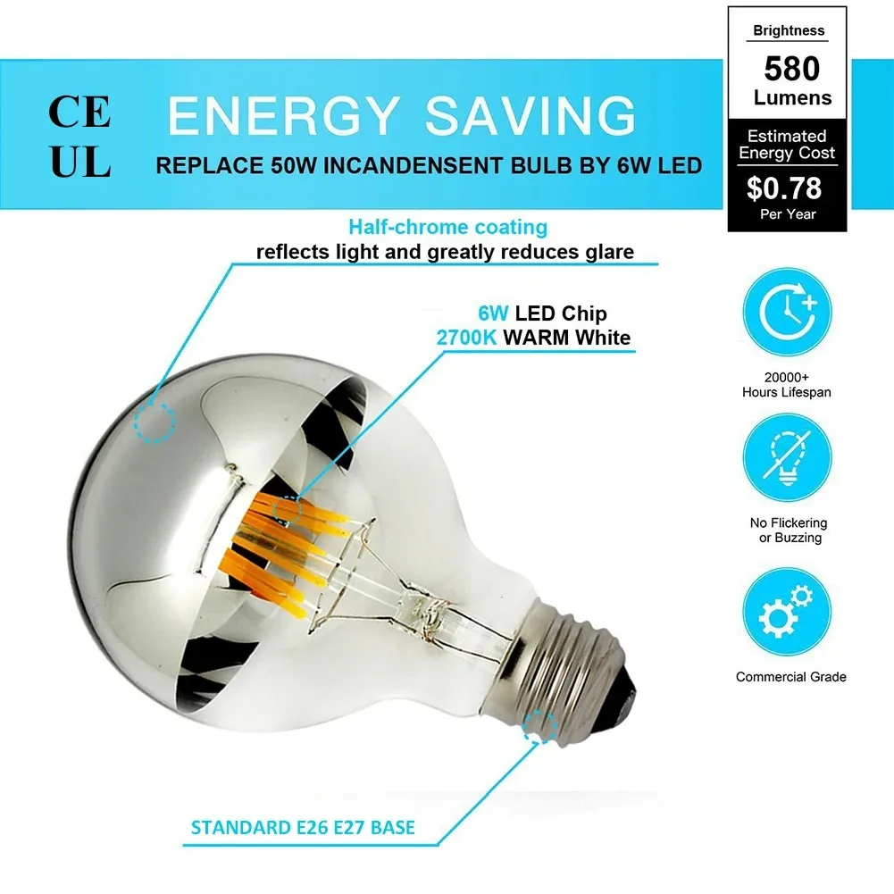 E14 E27 Mirror Silver Vintage Edison LED Bulb 4W G45 A60 ST64 G80 G9 Retro Filament Lampada LED Lamp Warm White Lighting AC220V