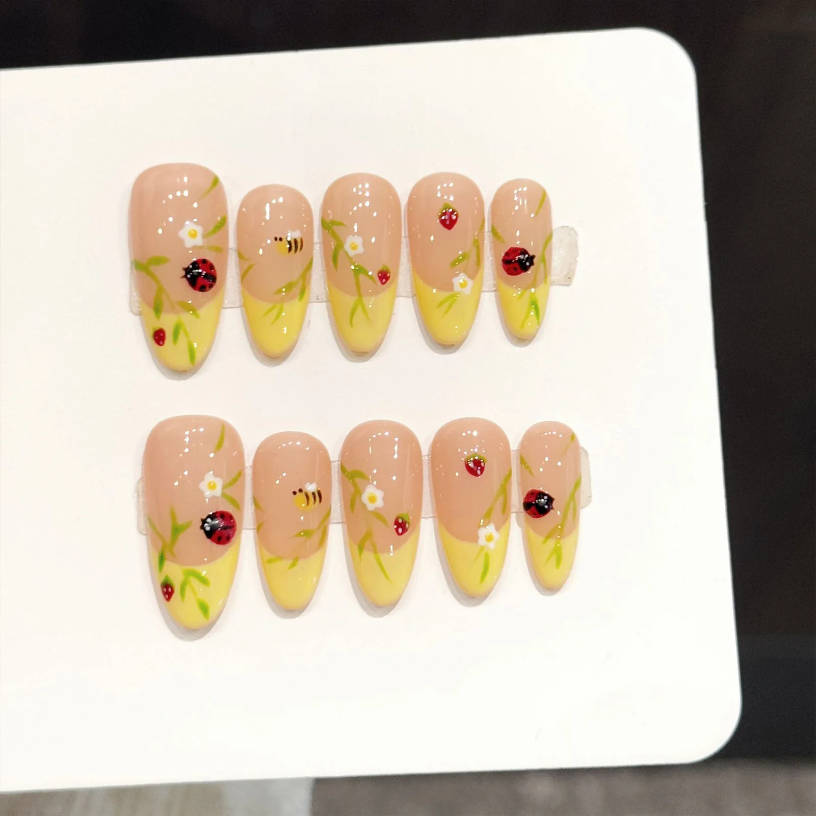 10pcs Handmade Spring Day Press On Nails Yellow French Almond False Nails With Ladybug Bees Flower Leaf Designs Fake Nail Tips