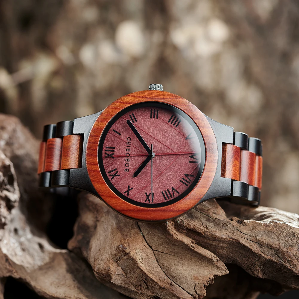 BOBO BIRD Mens Watches Leaf Dial Design Wooden Quartz Watch Casual Wristwatch for Men, Support Personalized, Drop Shipping