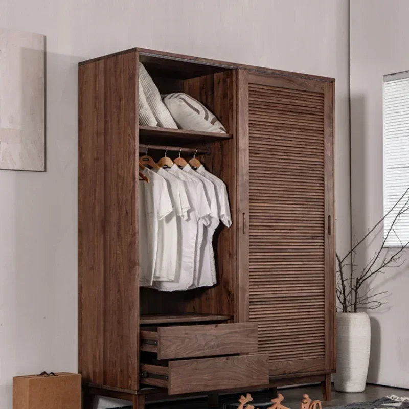 Shutter Wardrobe Cherrywood Bedroom Sliding Door Nordic Solid Wood Cabinet