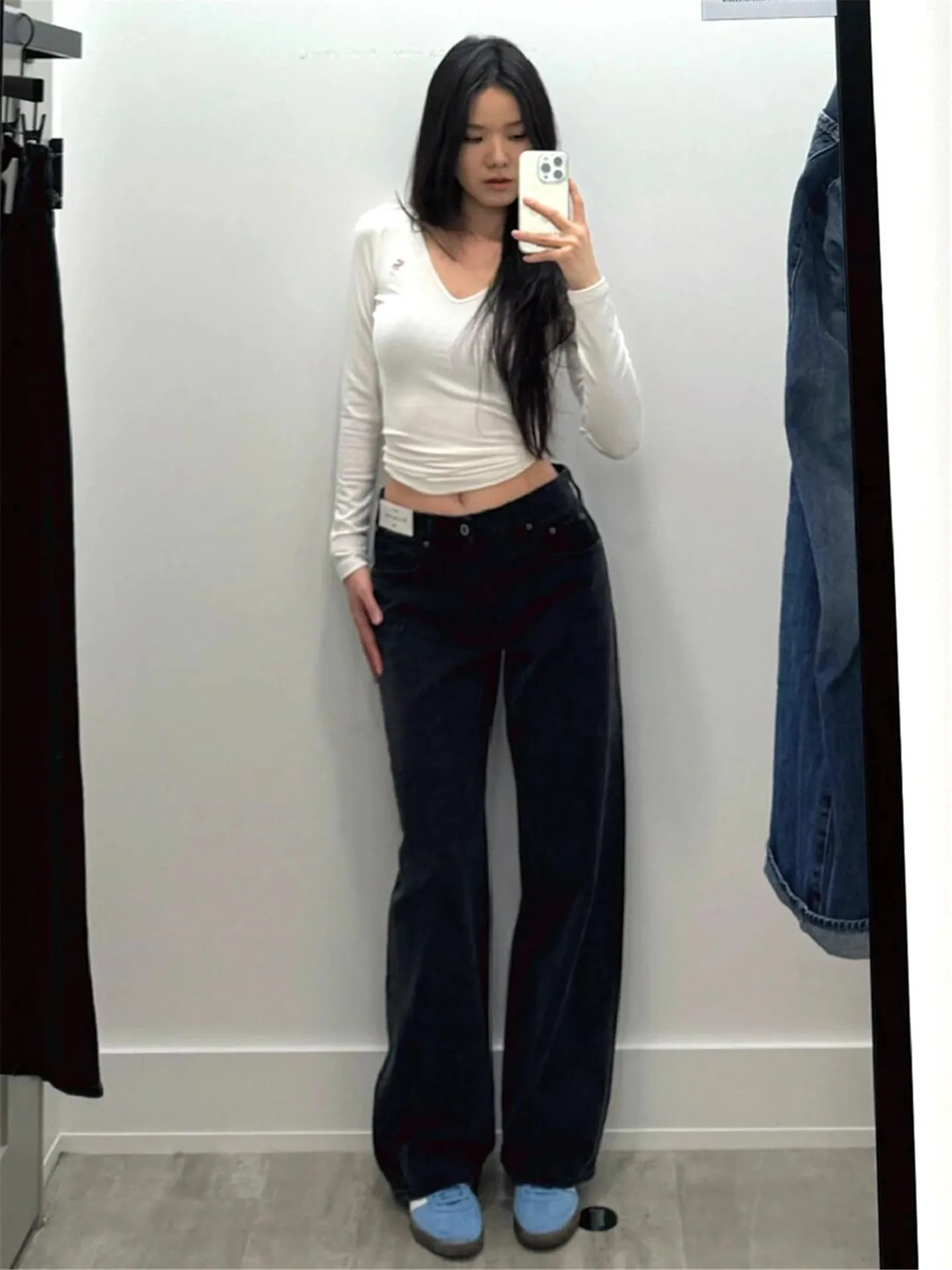 

Extended Long Black Low Waist Wide Leg Jeans Women Loose Slimming American Vibe Narrow Version Straight Cut Trousers