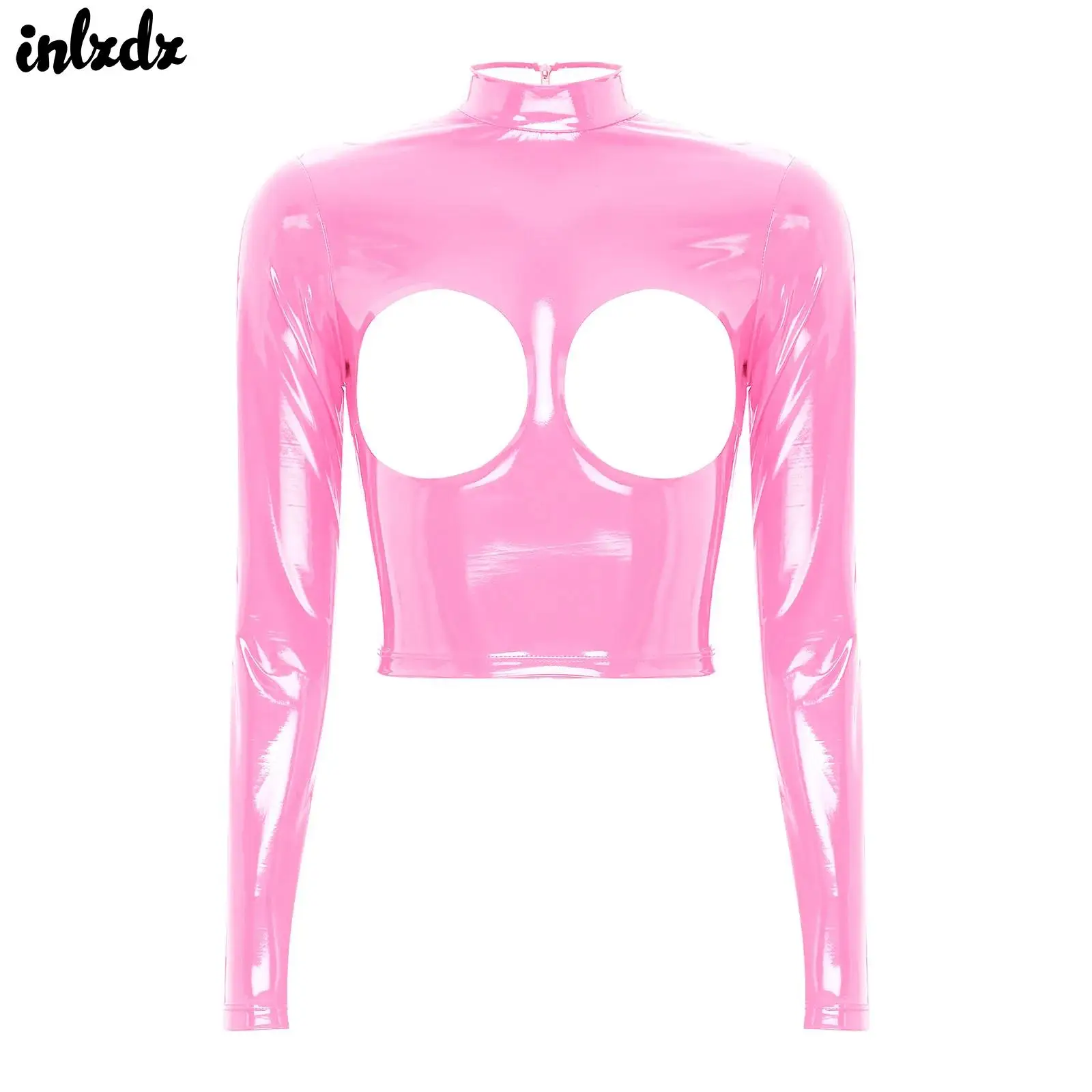 

Womens Glossy Patent Leather Latex Crop Top Long Sleeve Hollow Out Bare Breast Exposed Back Zipper Sexy Bodycon Top Clubwear