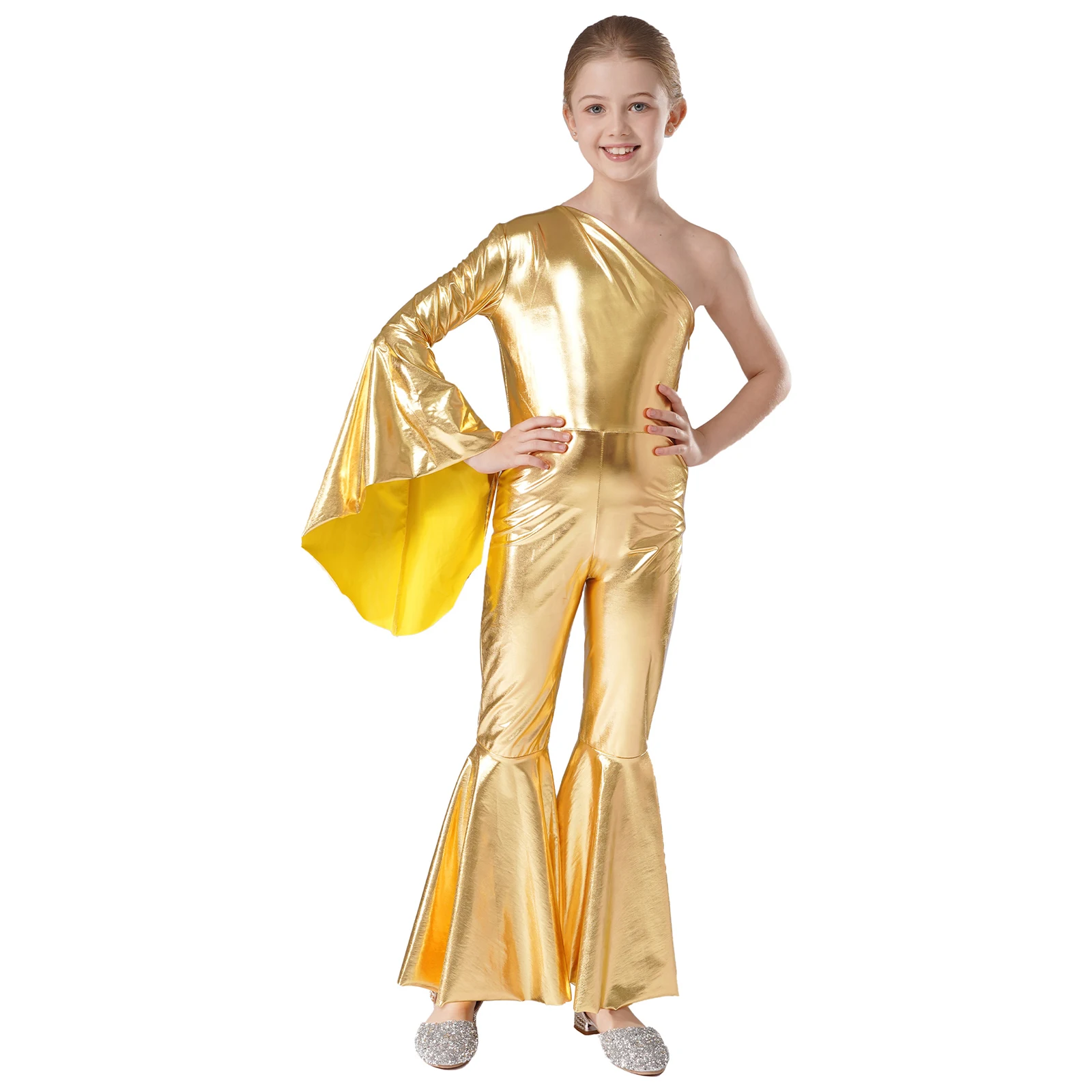 

Kids Girls Fashion Metallic Dance Jumpsuit One Shoulder Flare Sleeve Bell-Bottom Bodysuit for Carnival Party Performance Costume