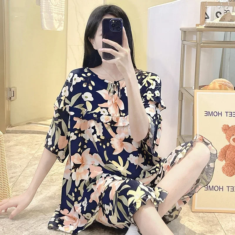 Short Sleeve Shorts Floral Print Woman Satin Pajama Sets Ensembles 2 Piece Two-Piece Outfit Lounge Women Pijama Sleepwear Pj