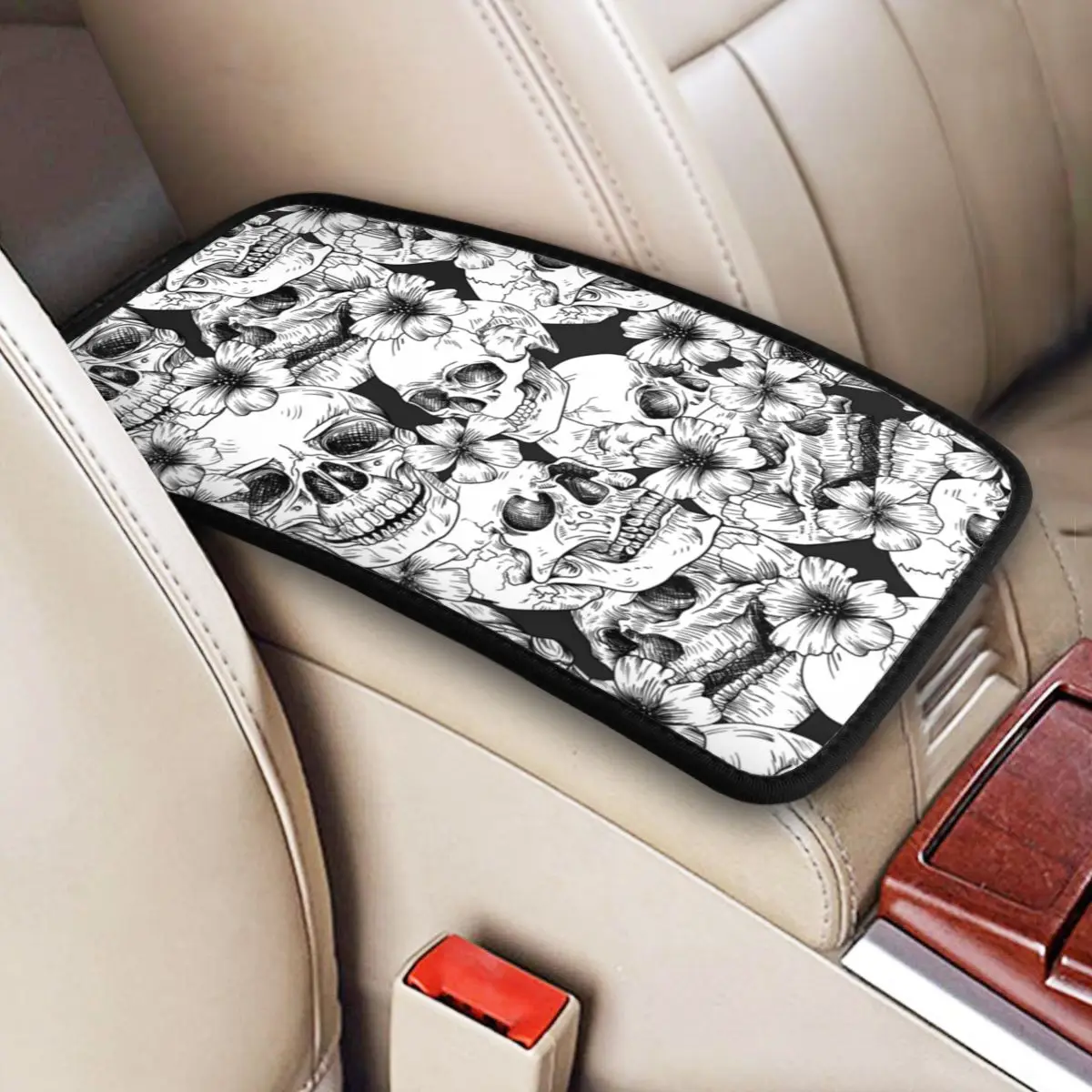 Center Console Cover Pad Universal Car Accessories Seamless Skulls Flowers Sugar Skull Car Armrest Cover Mat Storage Box Cover