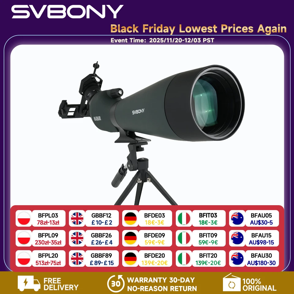 

Svbony SV28A Spotting Scopes 25-75x100/20-60x80 FMC Perfect for Beginners in Archery, for Wildlife Watching, Outdoor Adventure
