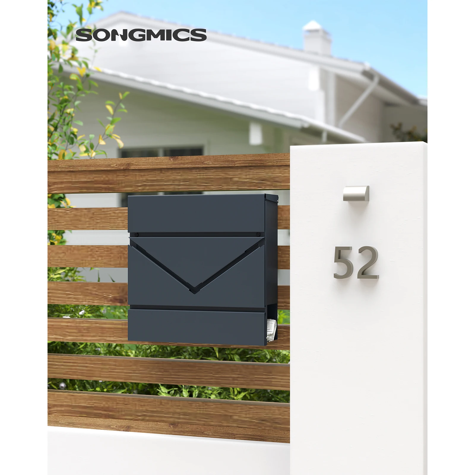 SONGMICS Letter Box, Wall-Mounted Mailbox with V-Shaped Viewing Window, Lock and Lid, Newspaper Holder, Easy Install