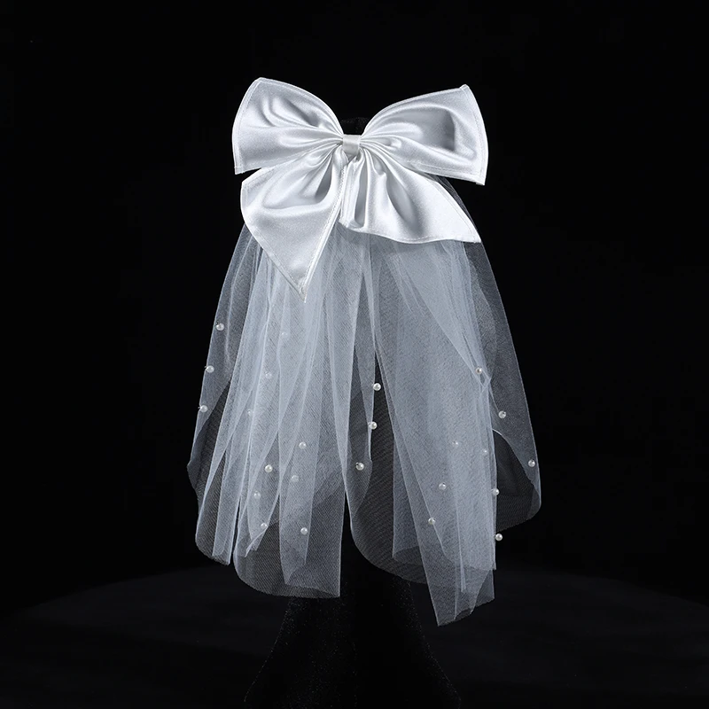 Wedding Bridal Headdress Full Of Sweet Quality Brief Ladies\' Lace Bead Veil With Big Bow