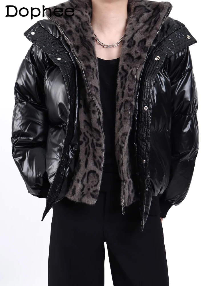 패션 레오파드 프린트 스플라이싱 페이크 투피스 파카 남성용 2025 겨울 신상 두꺼운 따뜻한 트렌디 시크 파카 남성용 긴팔 코트