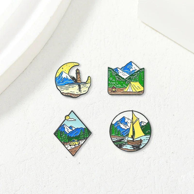 New Outdoor Camping Travel Metal Pin Badge Tent Sailboat Lighthouse Brooch DIY for Clothes Bags Hat