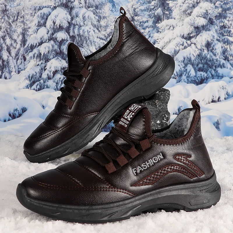Men Lace Up Winter Warm Shoes, Fleece Lined PU Upper Casual Sneakers, Non Slip Thick Sole Comfort Outdoor Walking Footwear