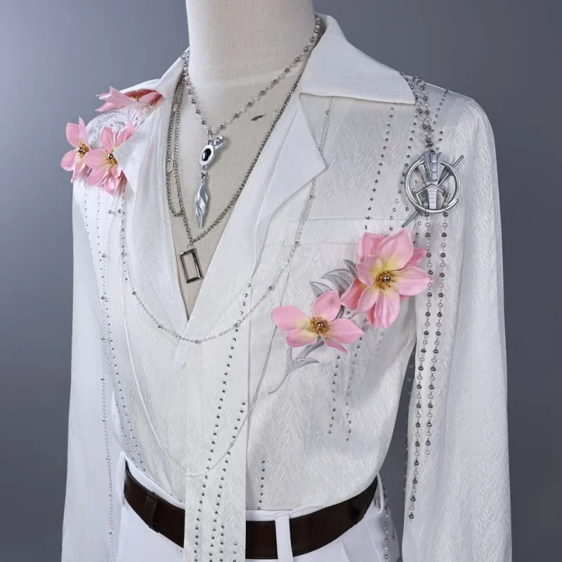 

Game Love and Deepspace Cosplay Costume Caleb Floating Blossoms White Shirt with Pink Flowers Outfits Halloween Party Anime Cons