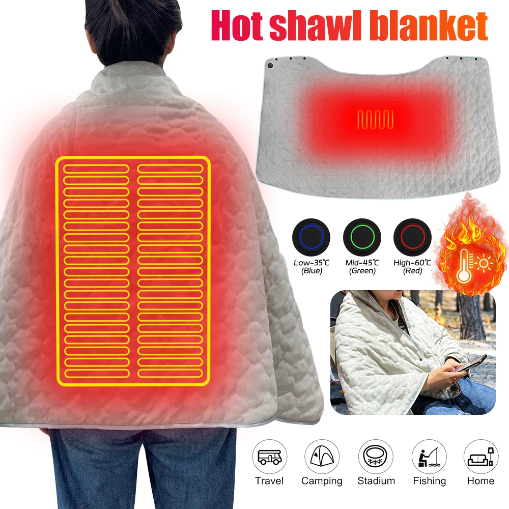 

USB Heated Shawl Electric Heating Blanket 3 Heating Level Wearable Heated Poncho Throw Portable Poncho Wrap for Camping Hiking