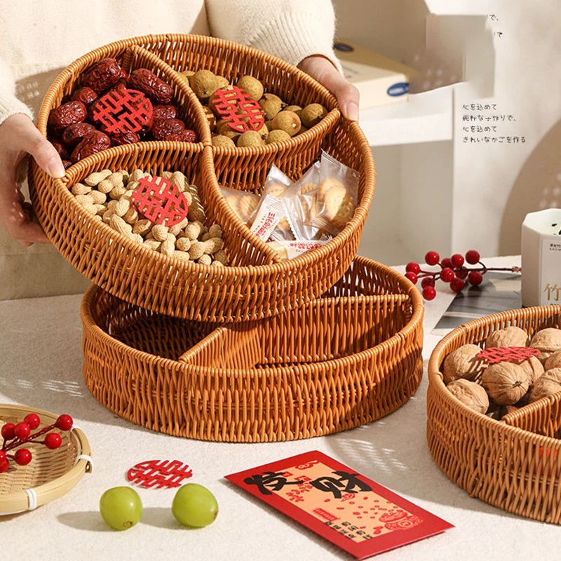 Vine Weaving Fruit Basket Household Living Room Candy Box Tea Tray 2026 New Solid Color Retro Divided Dried Fruit Baskets