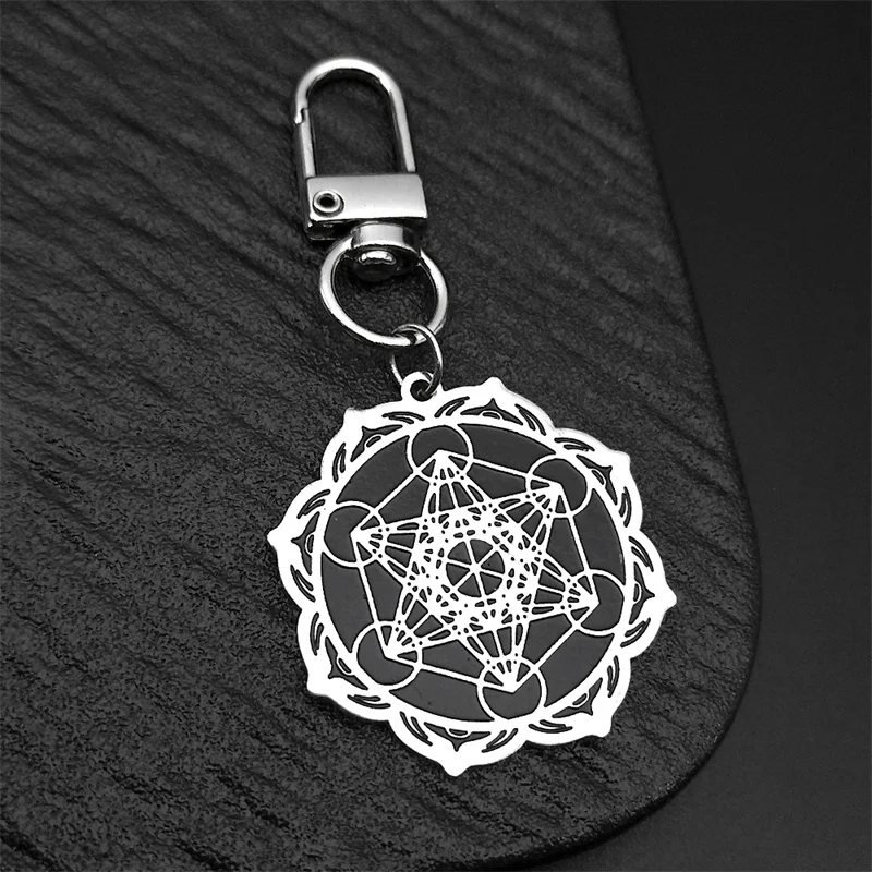 Sacred Geometry Metatron Angel Seal Archangel Key Ring for Women Men Stainless Steel Flower of Life Lotus Key Chains Jewelry