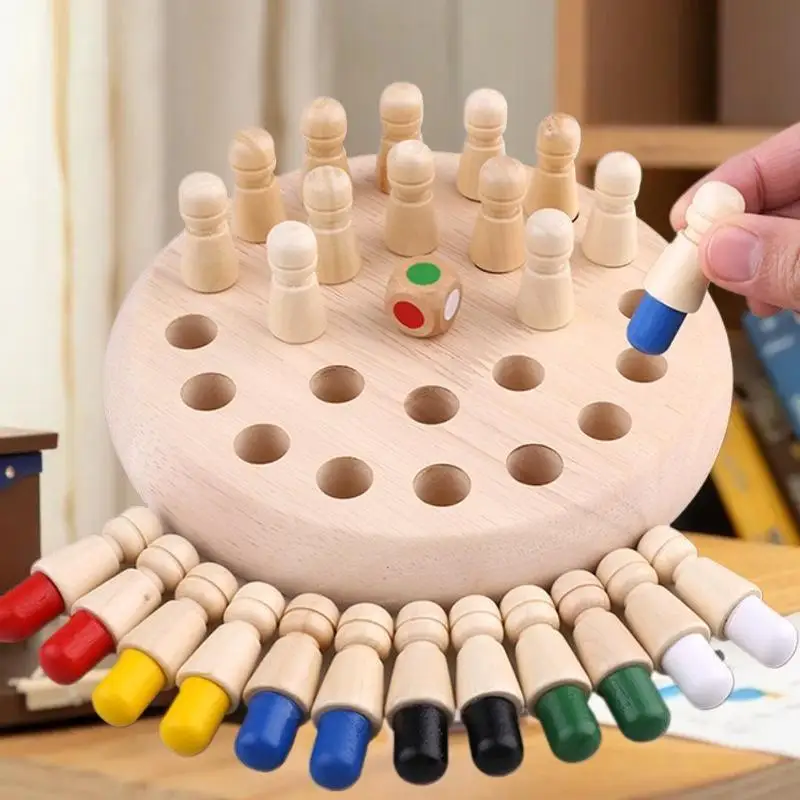 Ensemble de jeu de société interactif à mémoire de couleur avec allumettes ; Jouets éducatifs pour enfants ; Puzzles d'échecs à mémoire de forme en bois