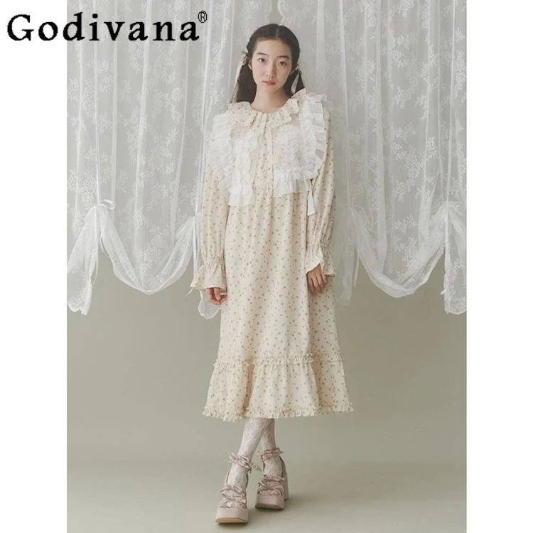 

2025 Autumn New Japanese Style Sweet Printed Bowknot Ruffle Long Sleeve Dress Girls Woman's Daily Basic Casual Long Dress OP