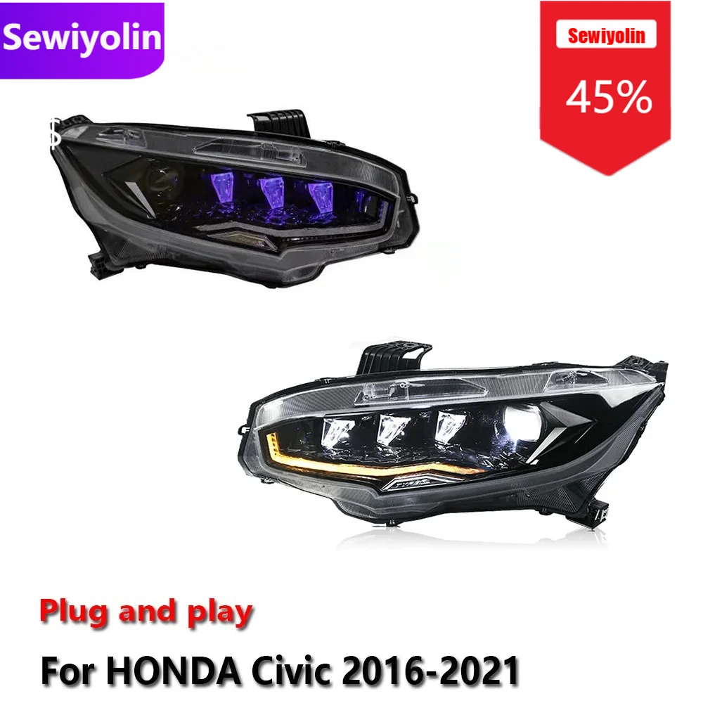

Автомобильные светодиодные фары DRL в сборе, авто для HONDA Civic 2016-2021, противотуманные фары DRL, стоп-сигнал поворота, лампа Plug and Play