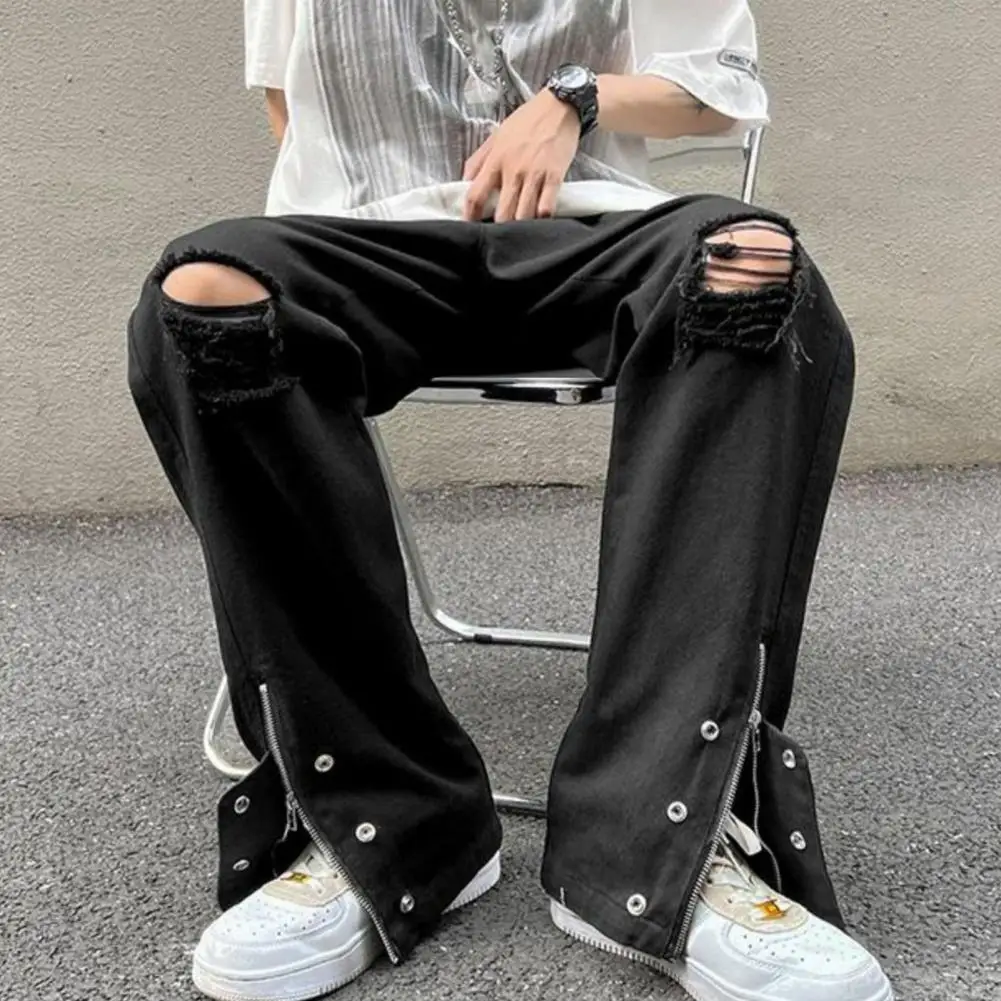 High Street Style Wide Leg Jeans Men Flared Jeans High Street Style Men's Summer Jeans with Ripped Holes Wide Leg Design