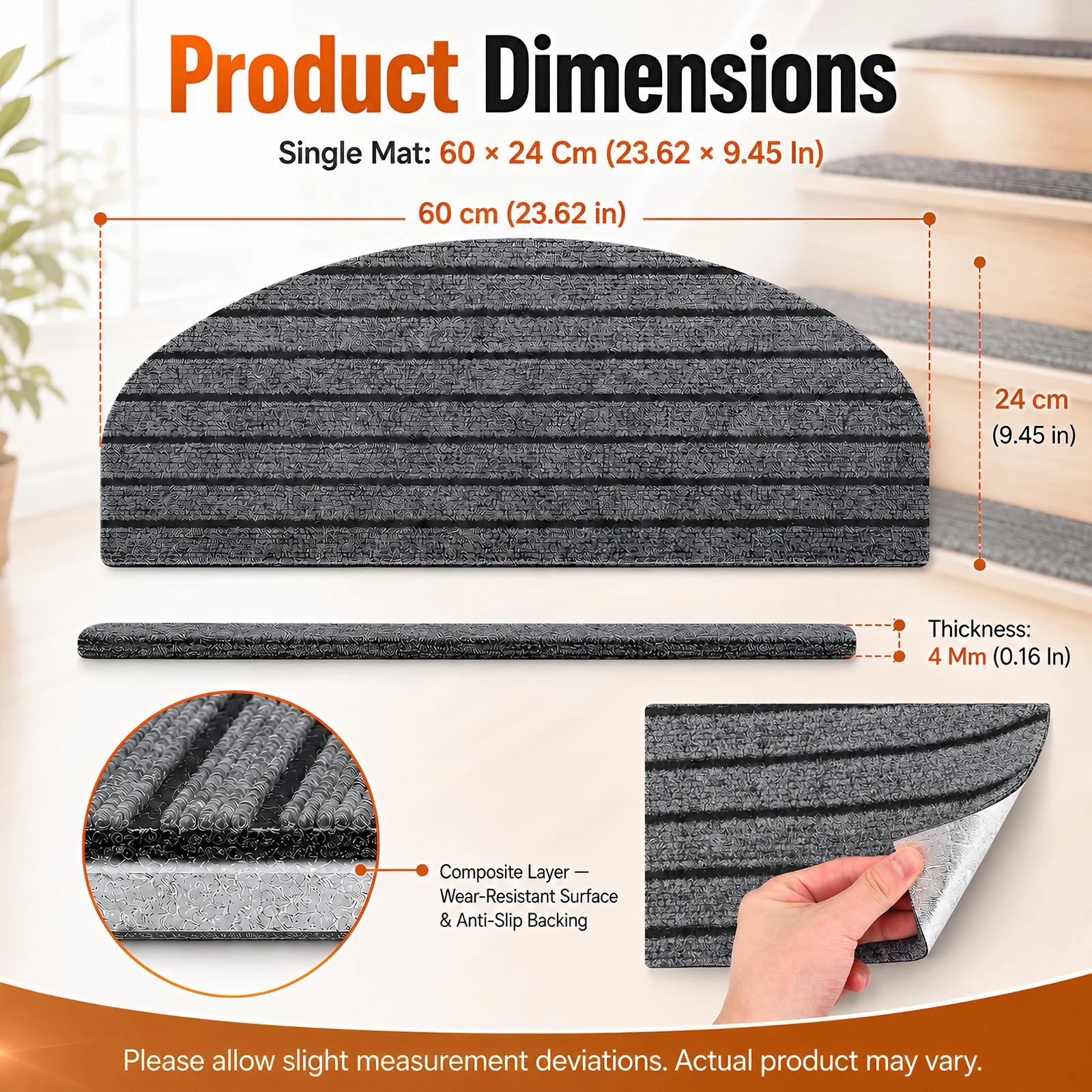 15Pcs Self-Adhesive Stair Mats, Non-Slip Anti-Fall 4mm Thickened Semi-Circular, Household Indoor Floor Mats, 23.62x9.45in