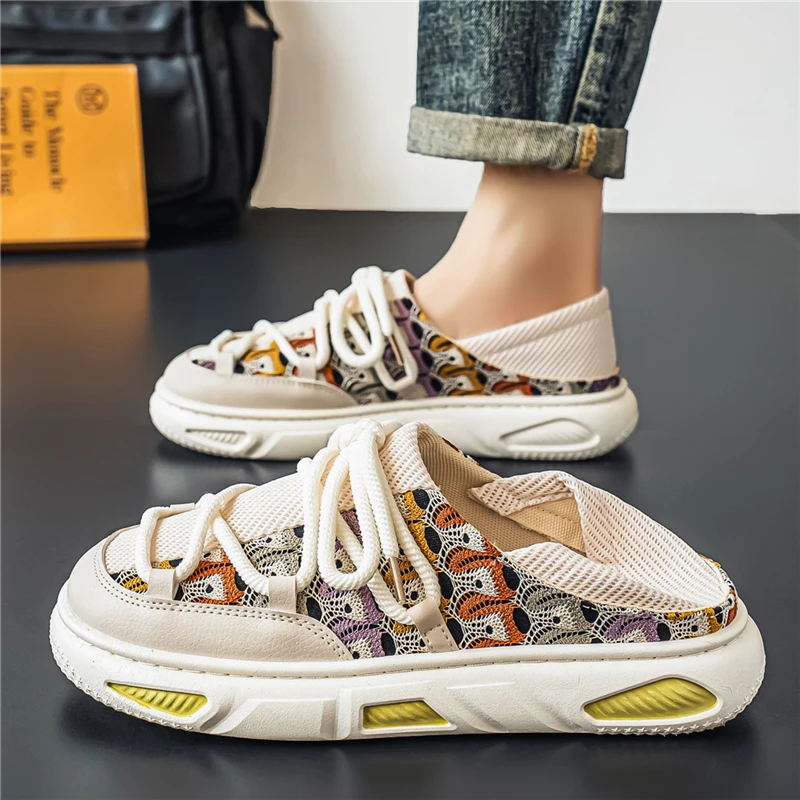 

Fabric Flat Sneakers Backless Men's Skate Board Shoes Mule Slippers Summer Open-back Loafers Casual Shoes for Man Slides Sandals